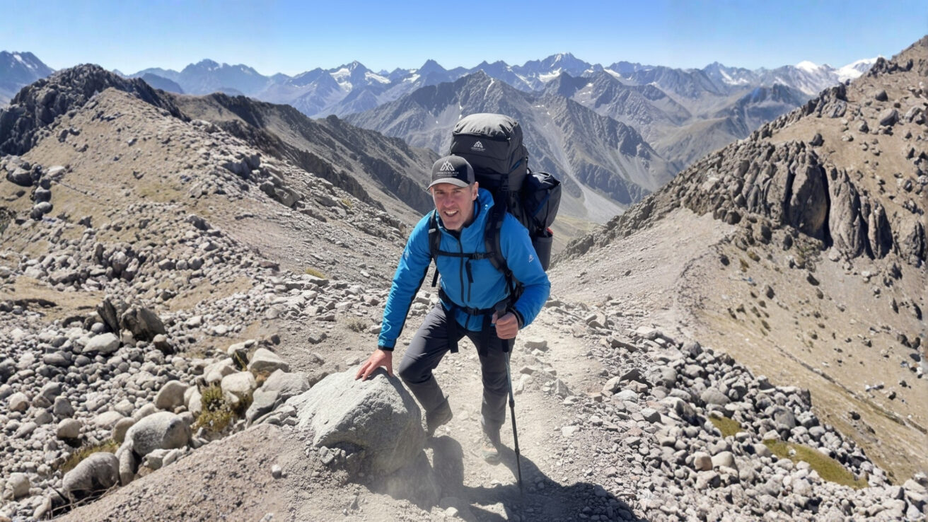 Mountaineer leader Jason Black with weighted backpack on steep mountain trail for Aconcagua Preparation