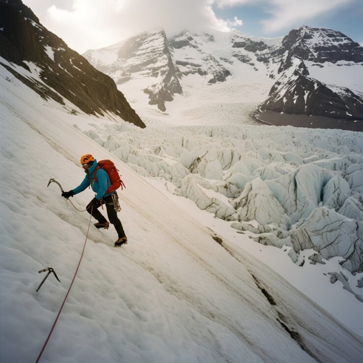 Mountaineer practicing ice axe and crampon techniques for high altitude climbing in Aconcagua