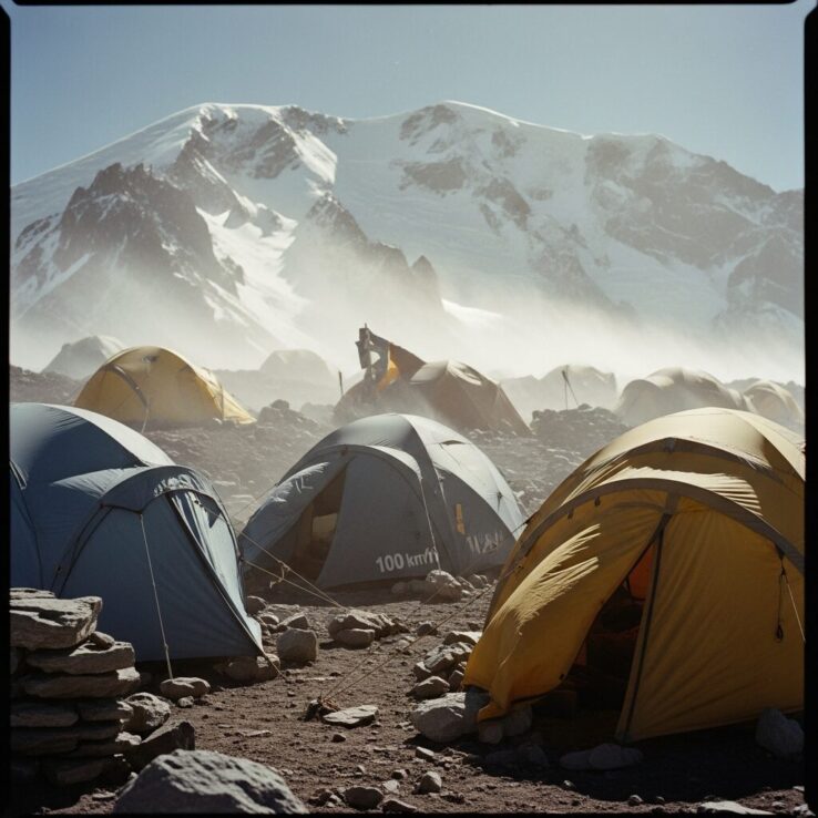 Mountaineering tents battered by extreme winds at Aconcagua high camp