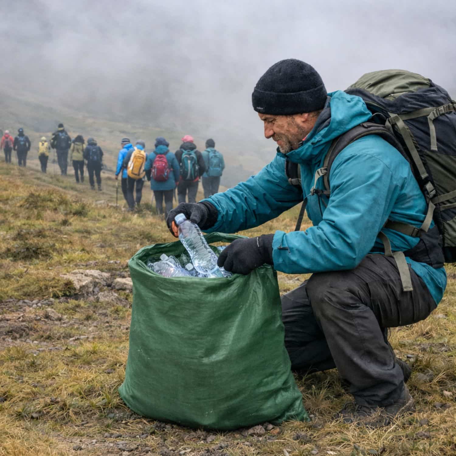 Mountain climber demonstrating pack it in pack it out Leave No Trace principle