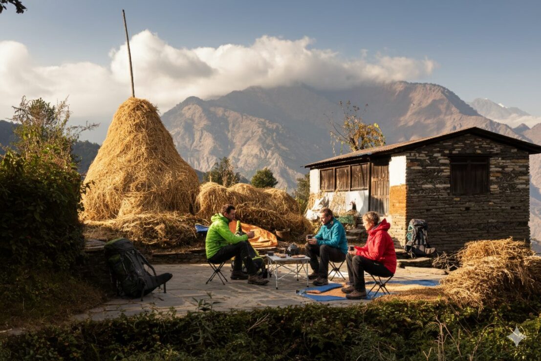 Diverse group of climbers sharing meal and conversation in traditional Himalayan tea house