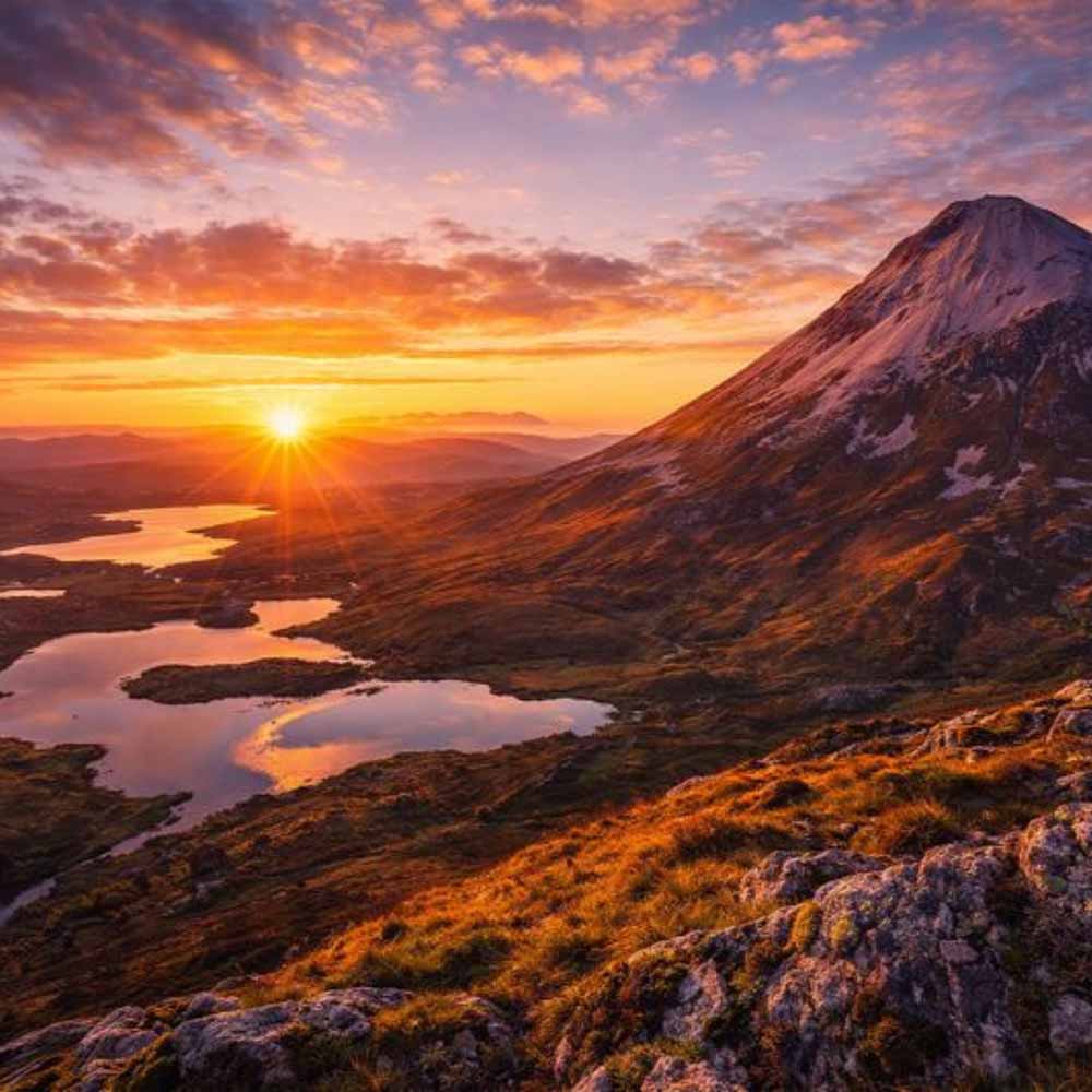 Summit cairn on Errigal peak with views across Donegal landscape, Seven Sisters range