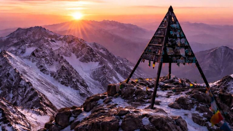Climber standing at the 4,167 metre summit of Mount Toubkal at sunrise in Morocco's High Atlas Mountains