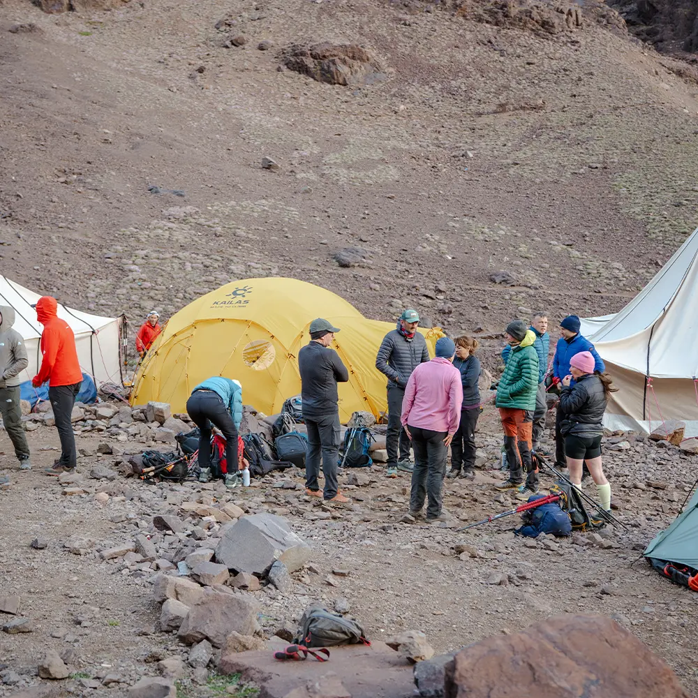 Toubkal Refuge mountain hut at 3,206 metres serving as base camp for summit attempts on Mount Toubkal