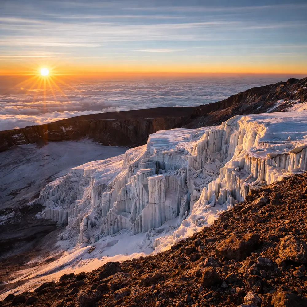 Retreating glacier on Kilimanjaro crater rim at sunrise with climber silhouette Tanzania