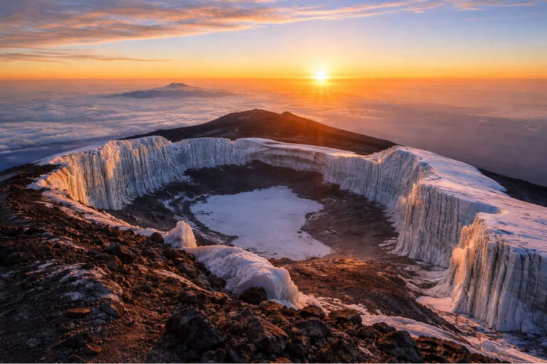 Retreating glacier walls at Stella Point on Kilimanjaro at dawn catching first African light