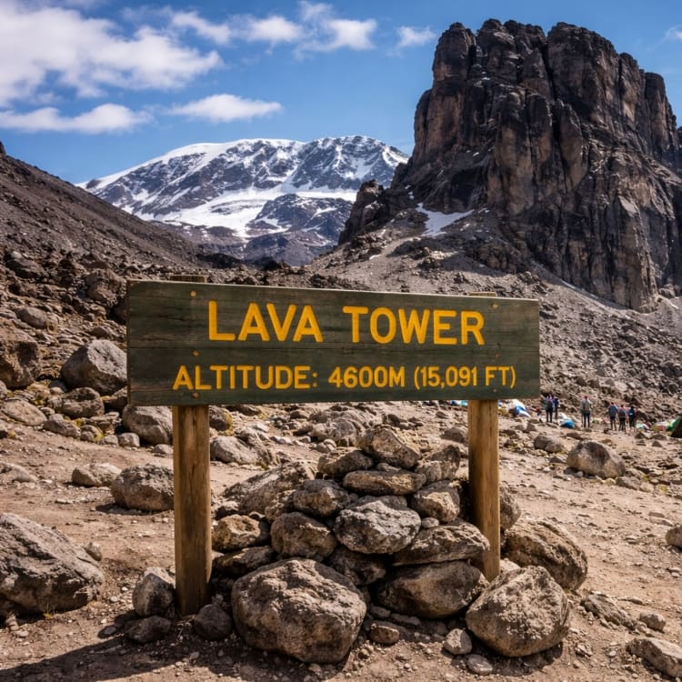 Climbers at Lava Tower 4600 metres on Kilimanjaro Machame Route acclimatisation day with summit visible above.