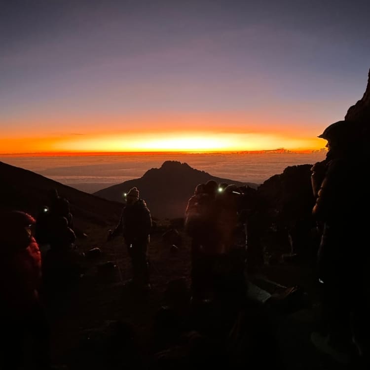 Line of headlamps on frozen scree during midnight summit push on Kilimanjaro above 5000 metres