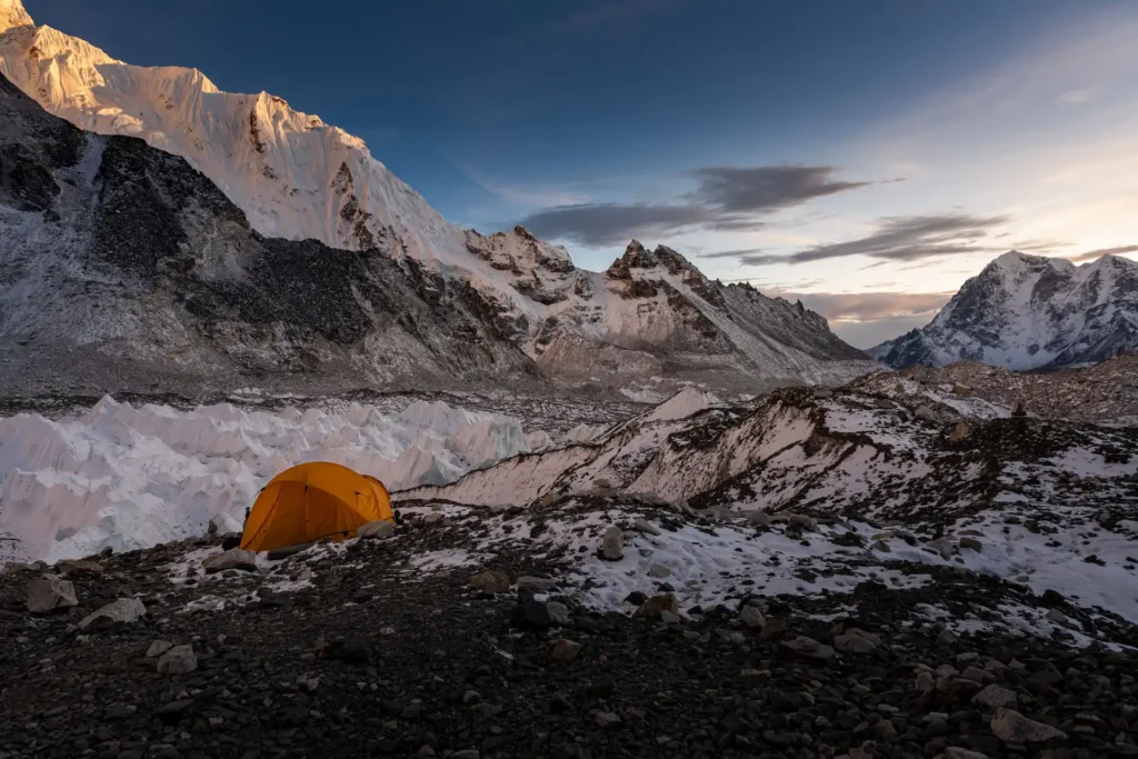 Expedition base camp tents at 4900m Himlung Himal Nepal high altitude mountaineering