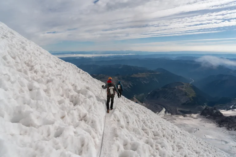 Climber ascending fixed ropes on Himlung Himal Southwest Ridge Nepal 7126m