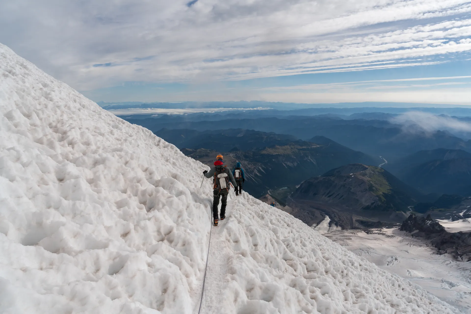 Climber ascending fixed ropes on Himlung Himal Southwest Ridge Nepal 7126m