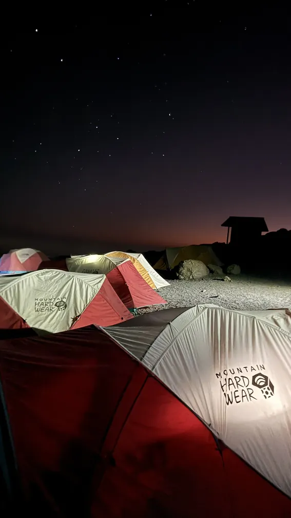 Minus 20 degree sleeping bag inside tent at high altitude Kilimanjaro Kosovo Camp 4870 metres before summit night