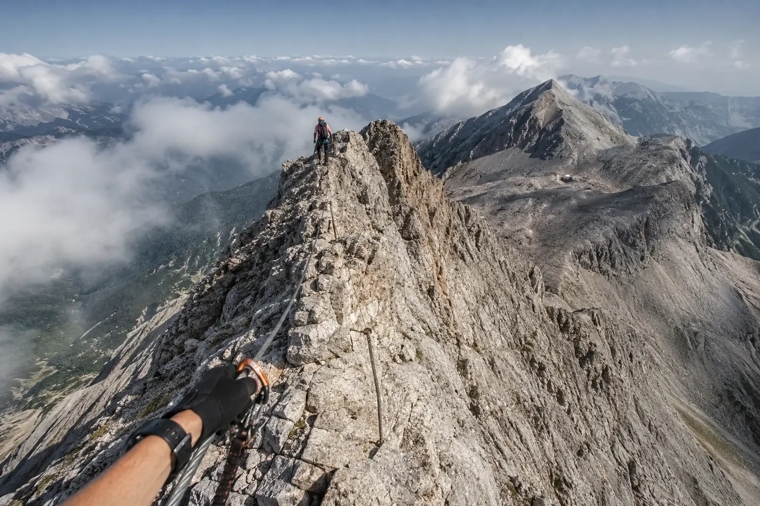 Mountaineer gripping fixed steel cable on narrow exposed alpine ridge with valley drop below