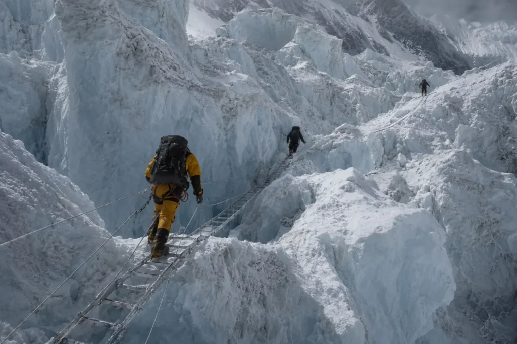 Climbers navigating the Khumbu Icefall on the South Col route to Everest summit