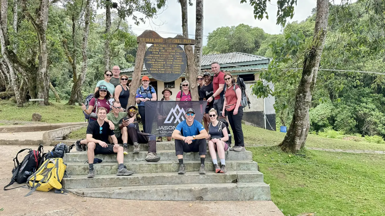 Trekkers entering Machame Gate at 1814 metres at the start of the Kilimanjaro Machame Route 2026 expedition