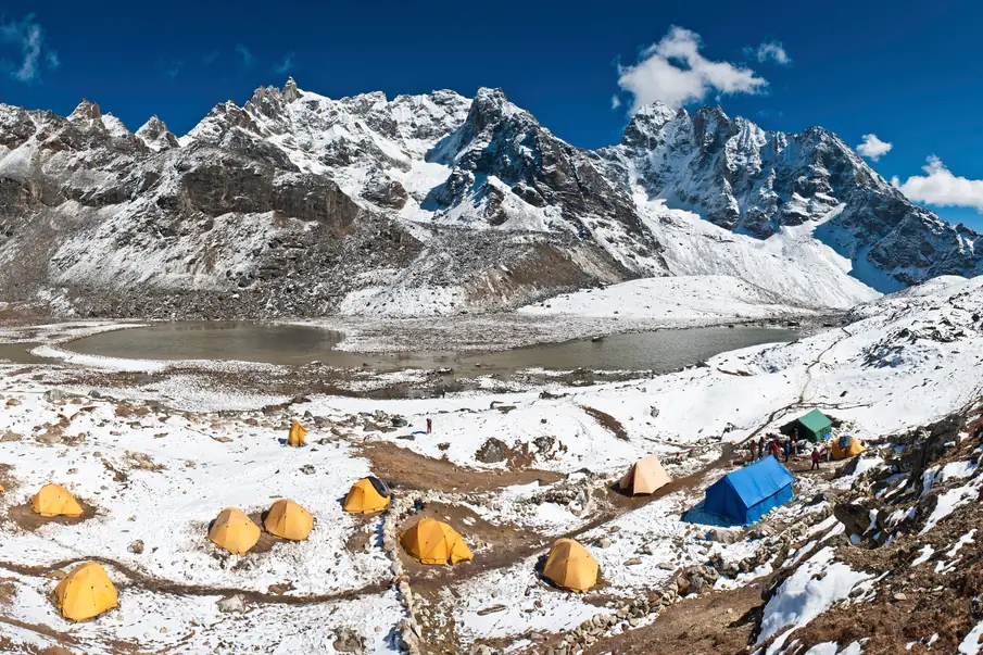 Expedition base camp at 4900m on Himlung Himal Nepal with individual tents and high camps visible above