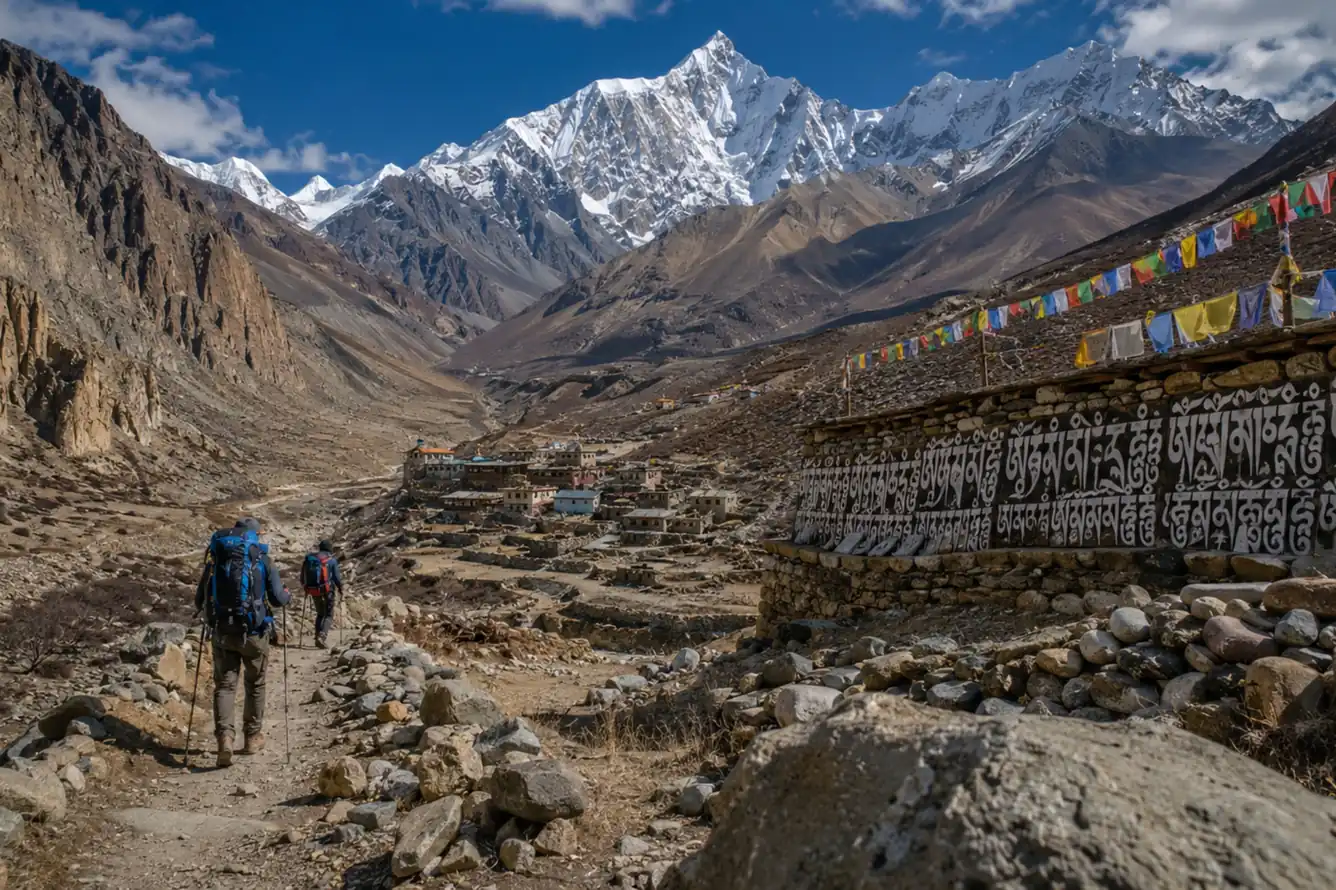 Small expedition team trekking through the remote Nar-Phu Valley Nepal on the approach to Himlung Himal Base Camp