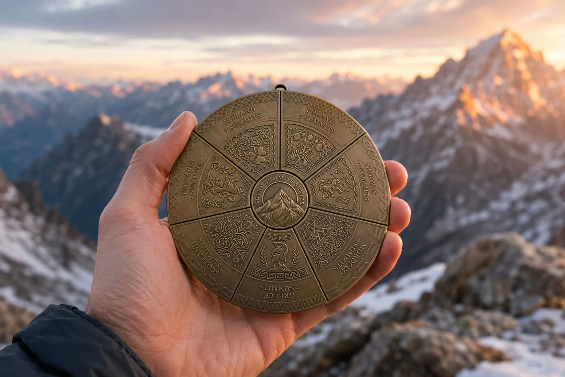Seven interlocking medallion pieces representing a completed mountaineering challenge series