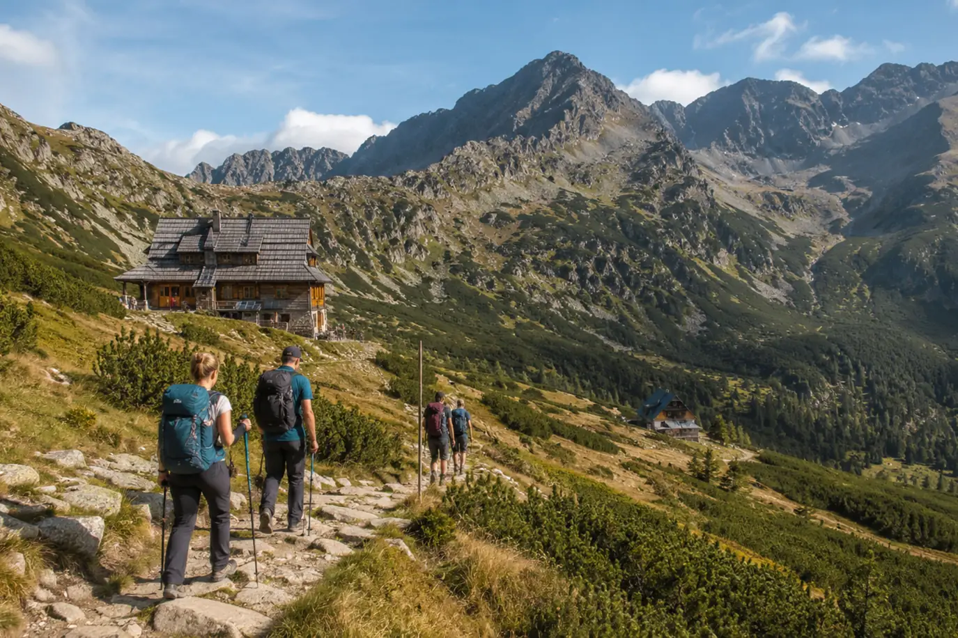 Climbers traverse glacier-carved valleys on a multi-day hut-to-hut mountain route. Hikers moving hut to hut through the Tatra mountain range in Poland