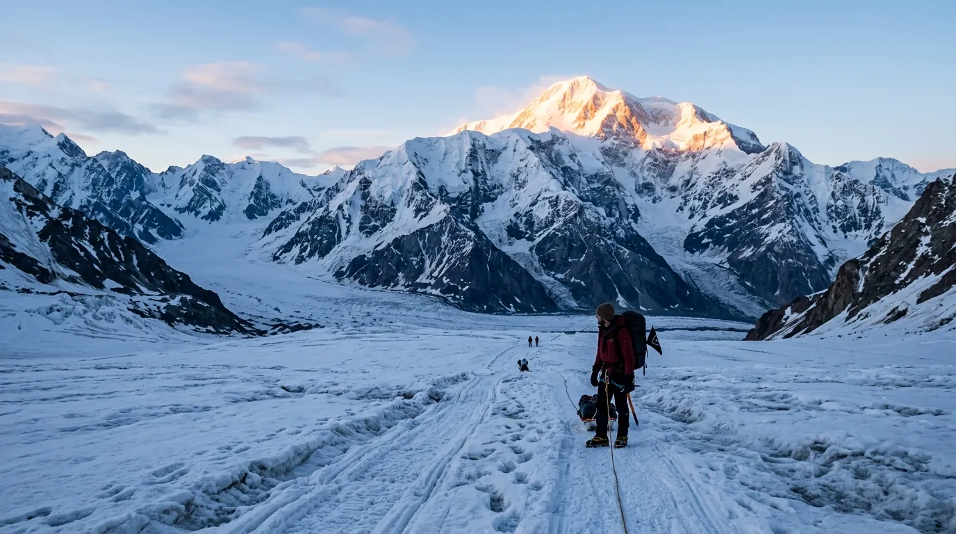 Climber hauling expedition sled across Kahiltna Glacier on Denali